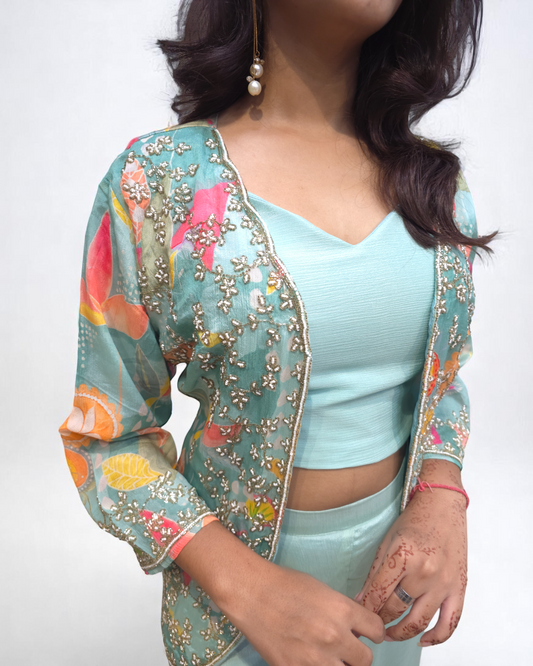 Floral Chinnon Crop Top Palazzo Set with Ethnic Jacket