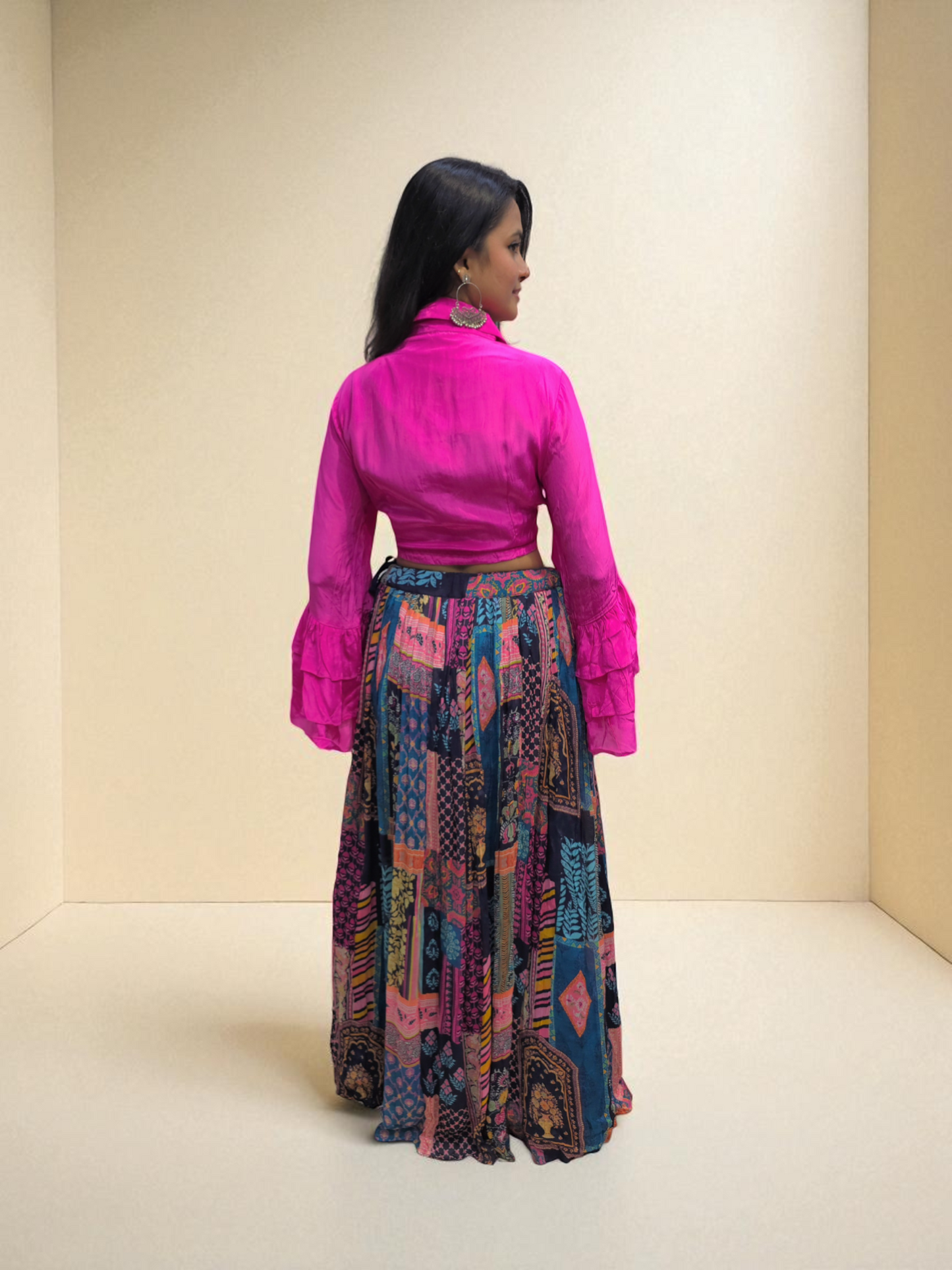 Back Design of Indo-Western Pink Crop Top Skirt Set – Ethnic Wear for Women | Ambika Boutique