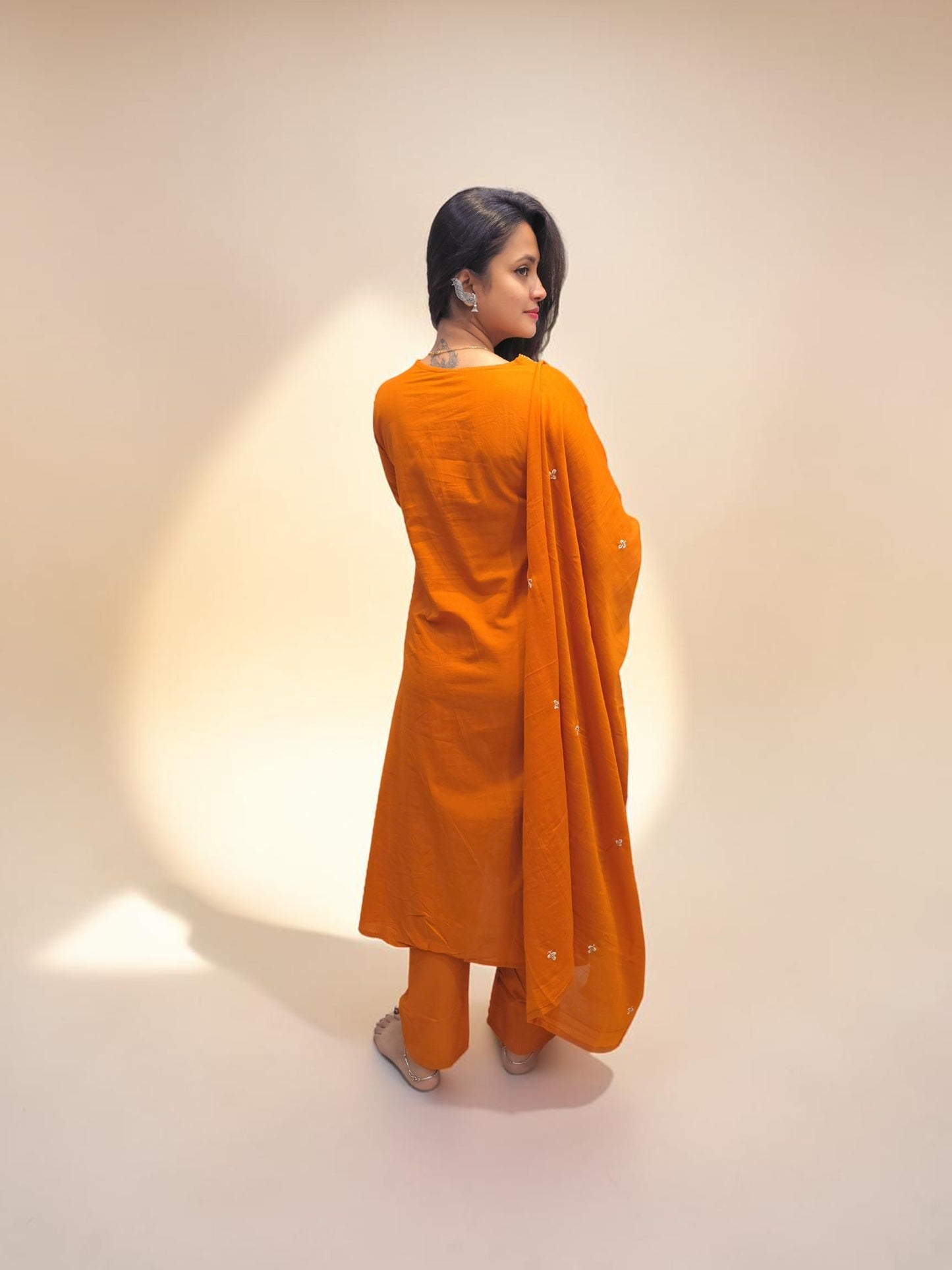 Back View of Designer orange cotton kurta set with embroidery and dupatta
