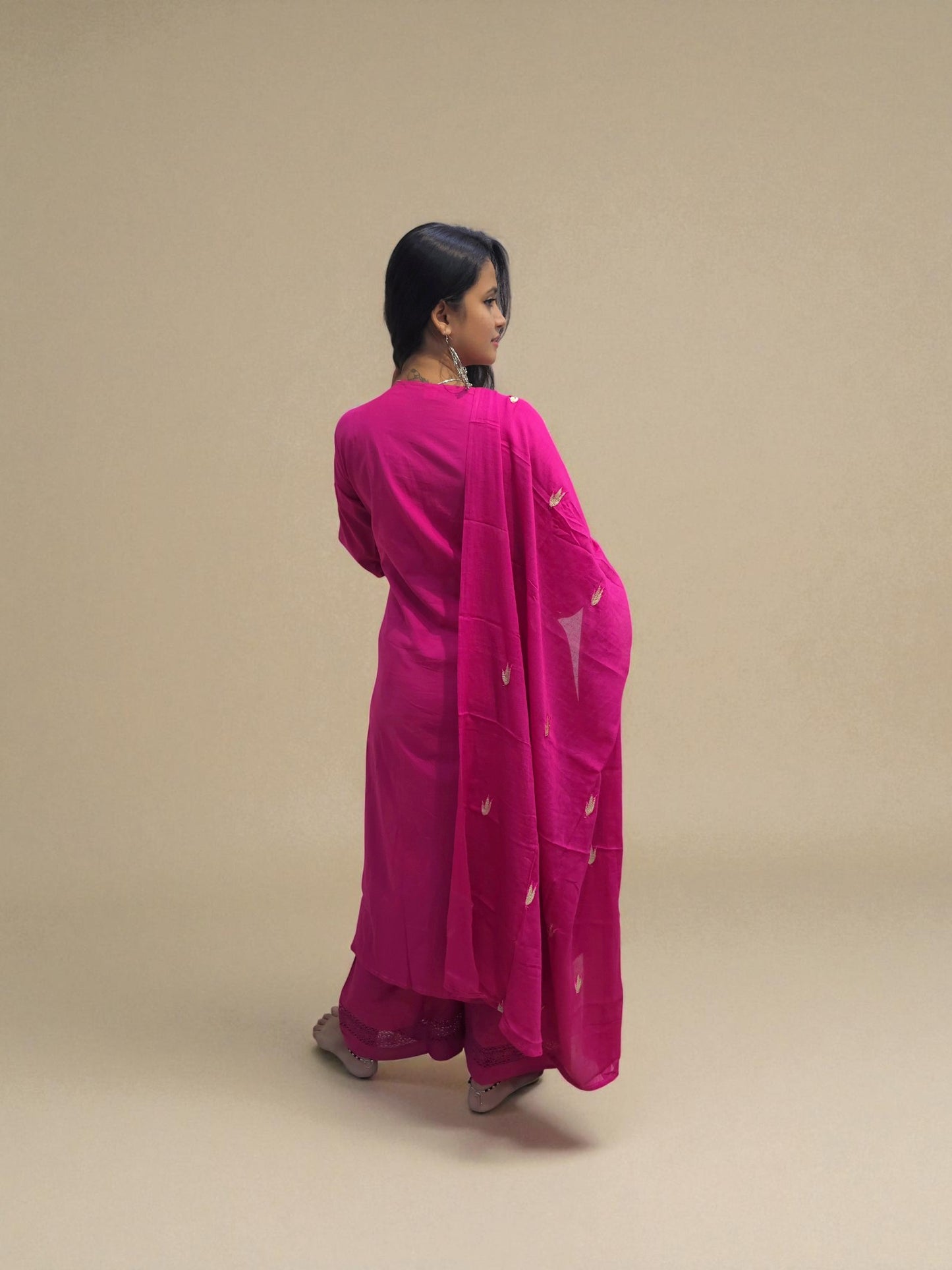 back view of Pink cambric cotton embroidered suit with palazzo – Ambika Boutique