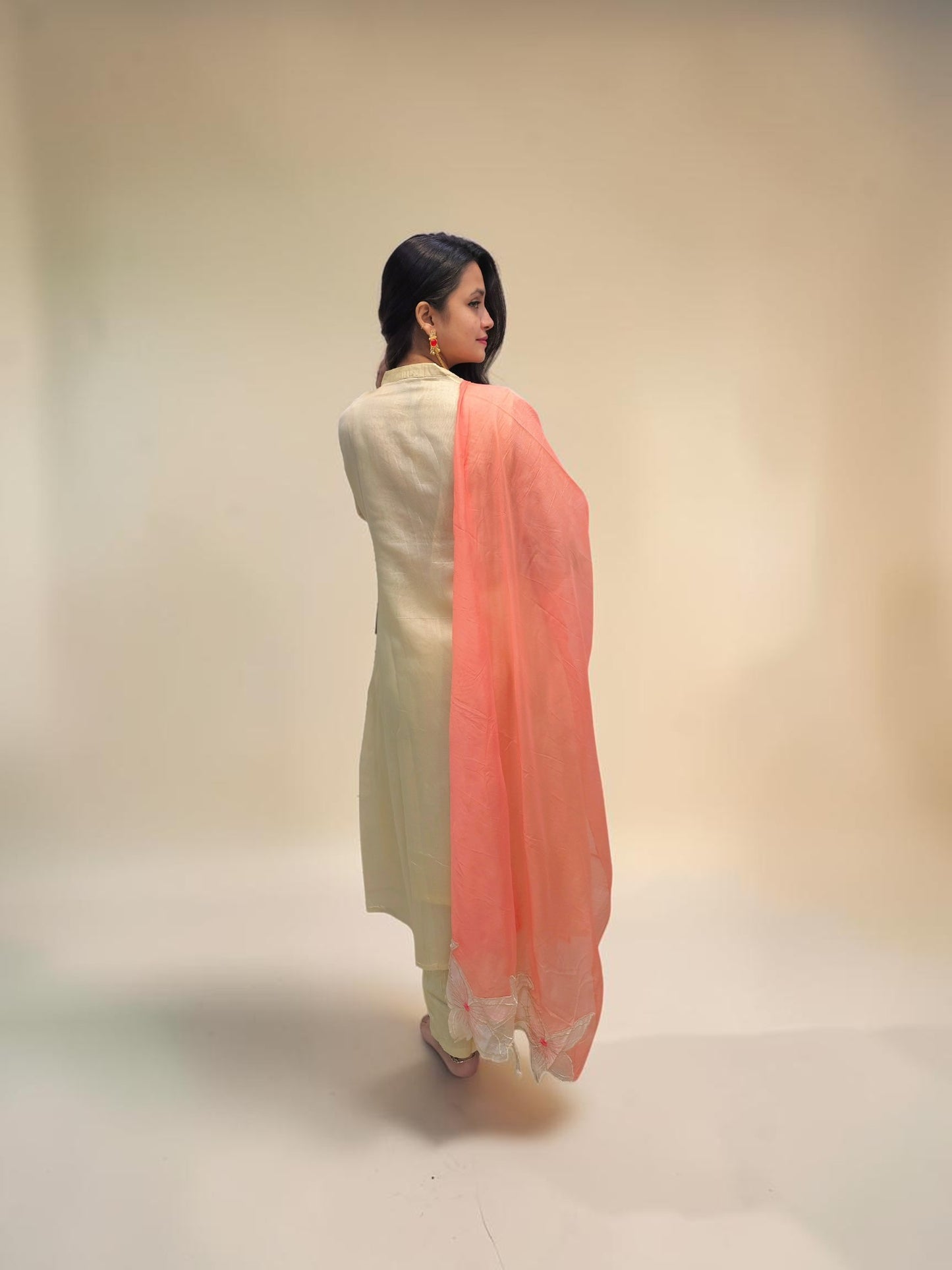 Backside of Designer A-line kurta set in Mul Chanderi fabric for women