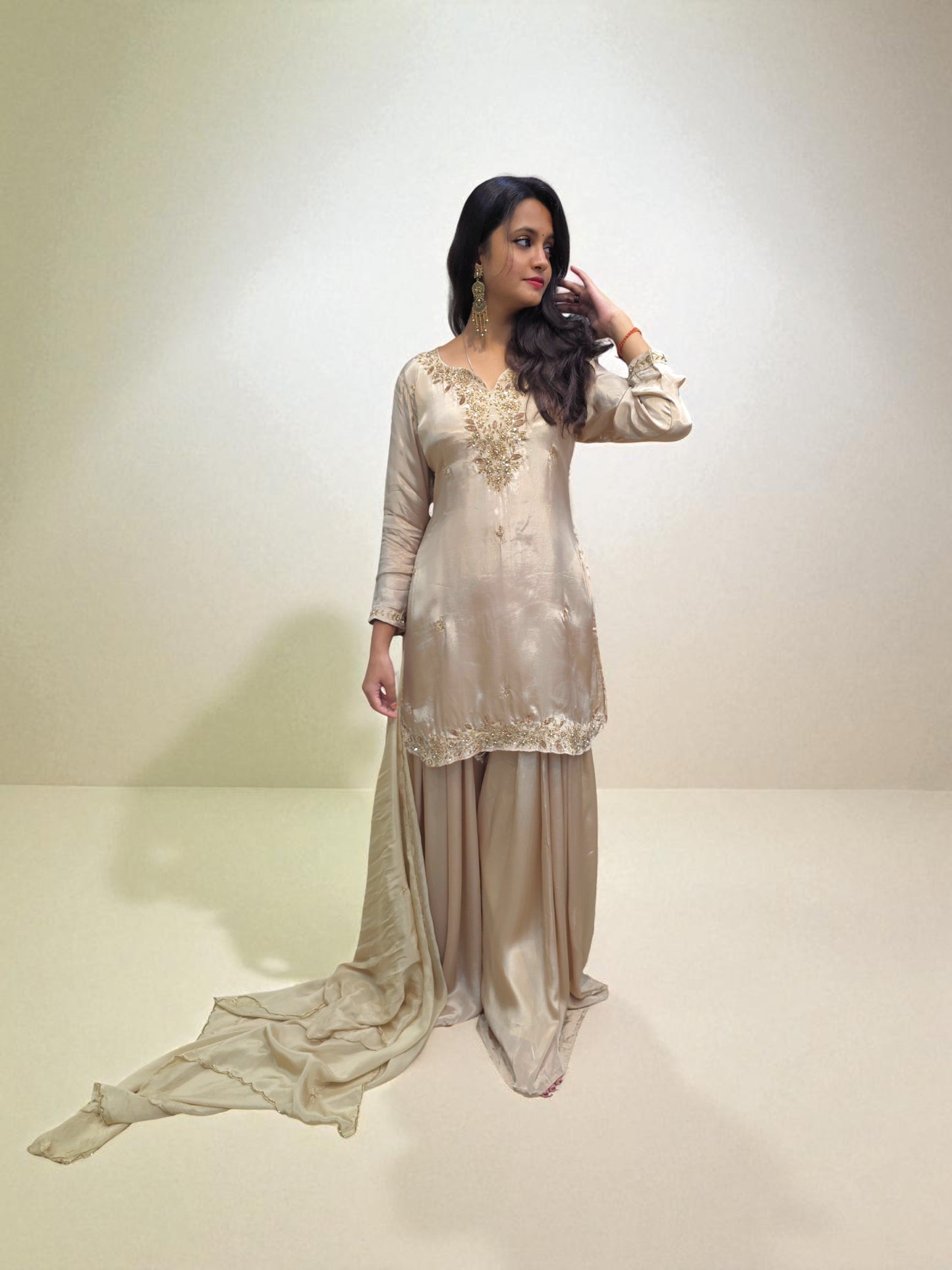 Elegant beige crepe silk kurta set with zardozi embroidery for women