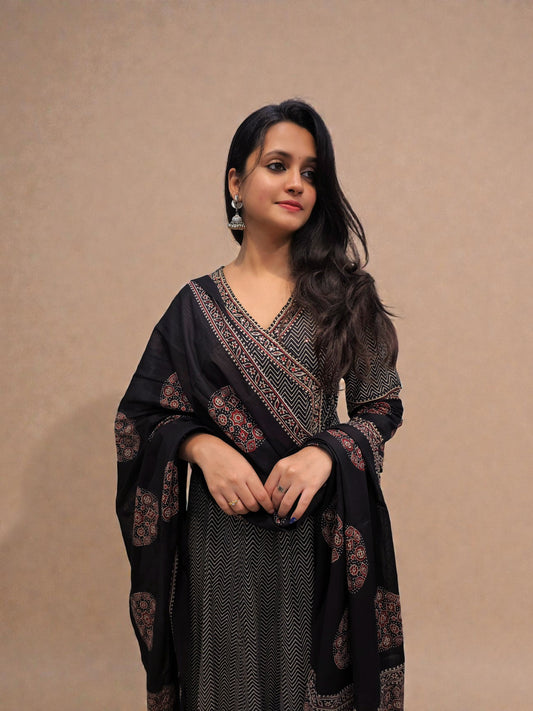 Black printed anarkali kurta with matching dupatta