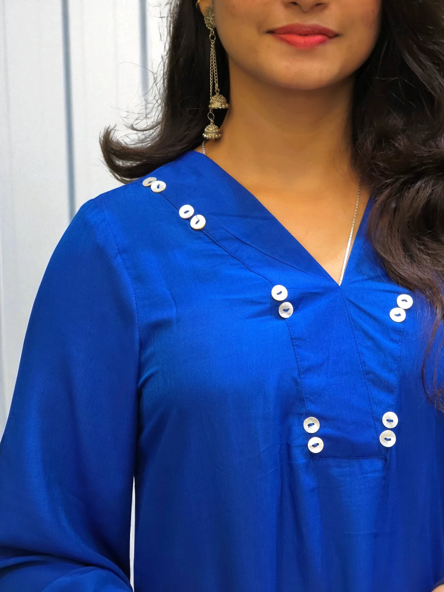 Blue asymmetrical kurti with button detail – Ambika Boutique