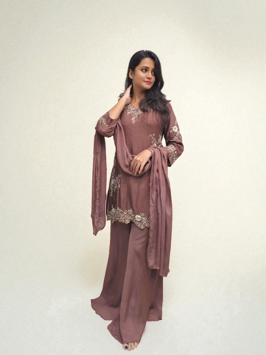 Brown embroidered kurti palazzo dupatta set for women
