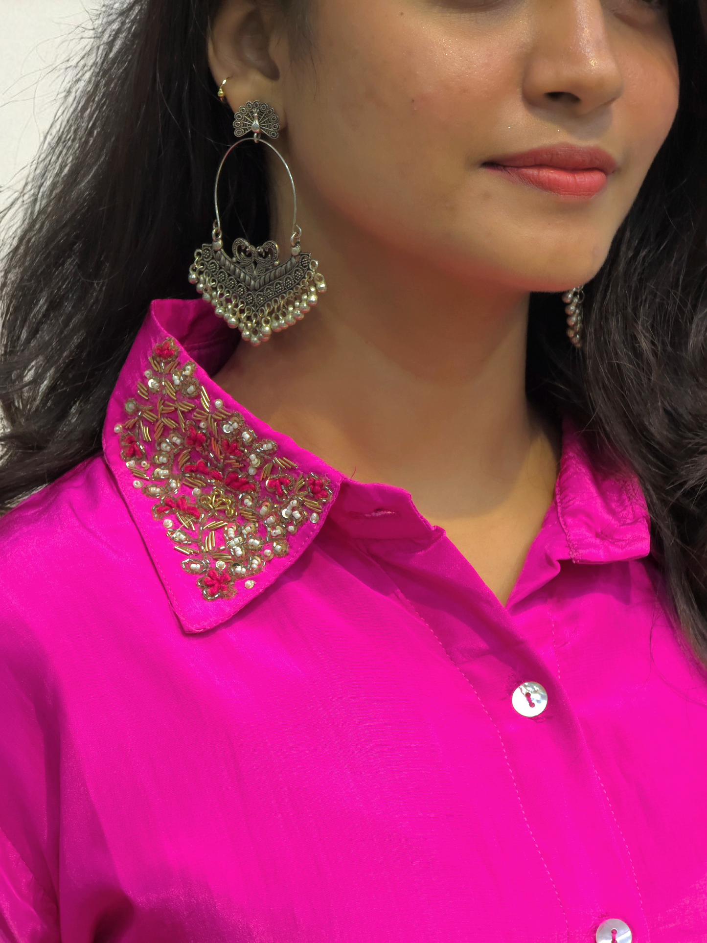 Close up of Indo-Western Pink Crop Top Skirt Set – Ethnic Wear for Women | Ambika Boutique