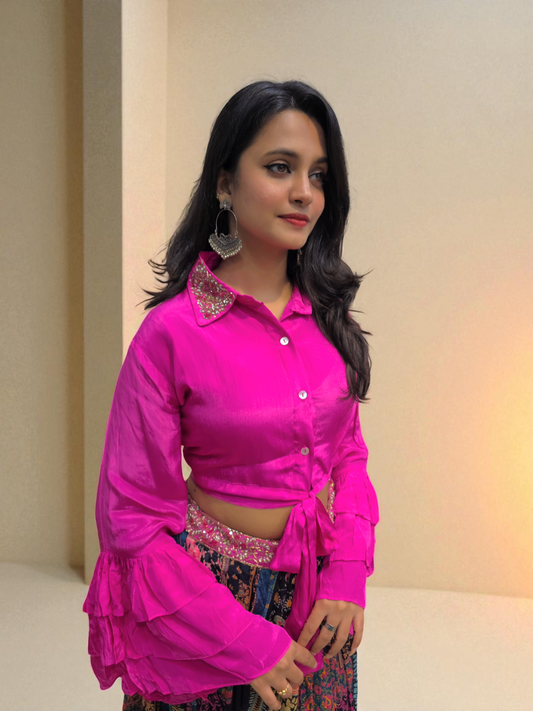 Close up of Indo-Western Pink Crop Top Skirt Set – Ethnic Wear for Women | Ambika Boutique