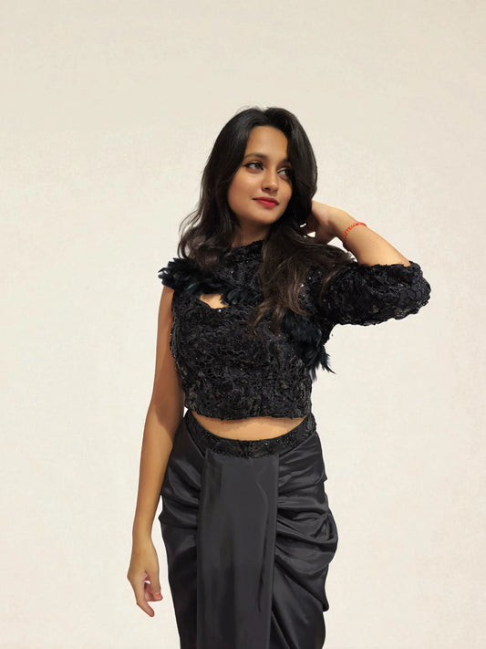 Designer black sequin crop top and dhoti skirt set for women