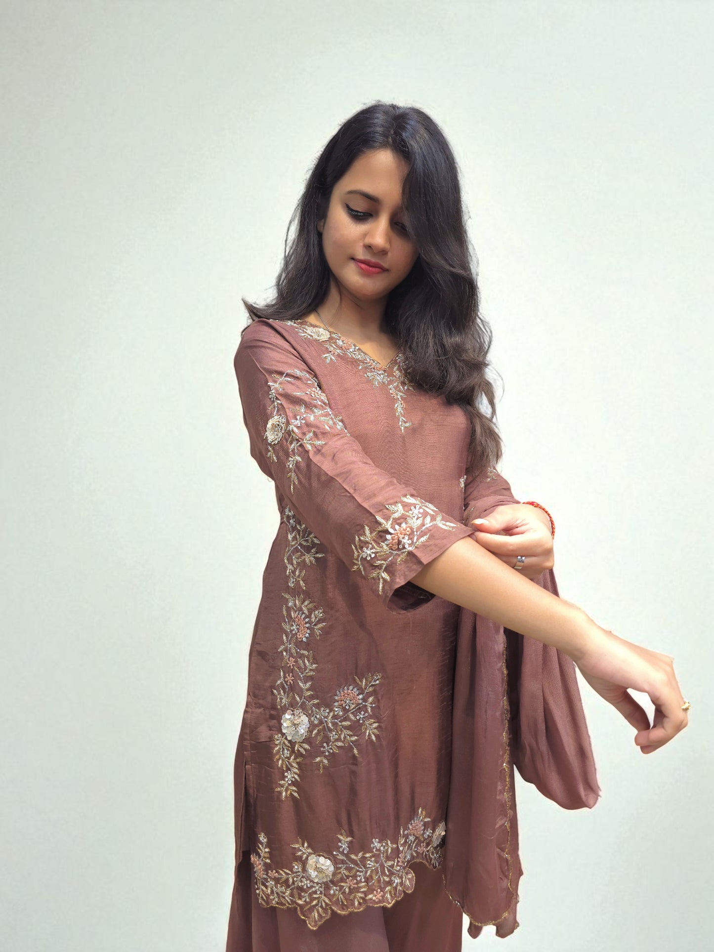 Designer brown kurti palazzo dupatta set with thread embroidery
