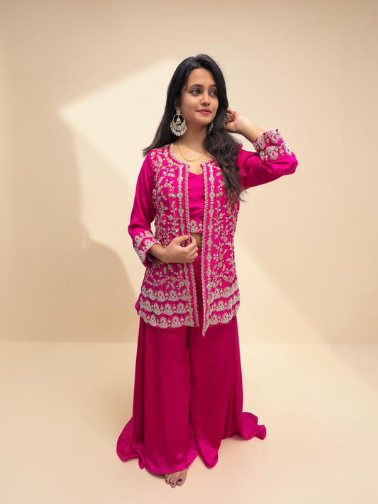 Embroidered jacket style palazzo set ethnic wear