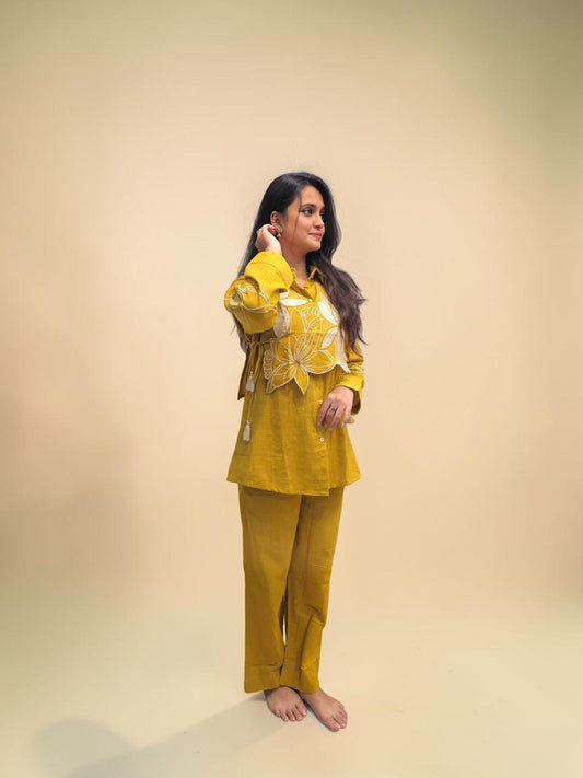 Designer mustard linen co-ord set with floral handwork
