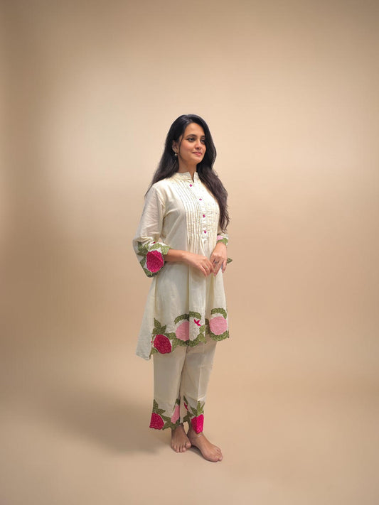 Women's white mul cotton floral embroidery co-ord set