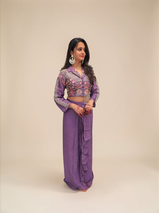 Designer purple tulip skirt with embroidered crop top