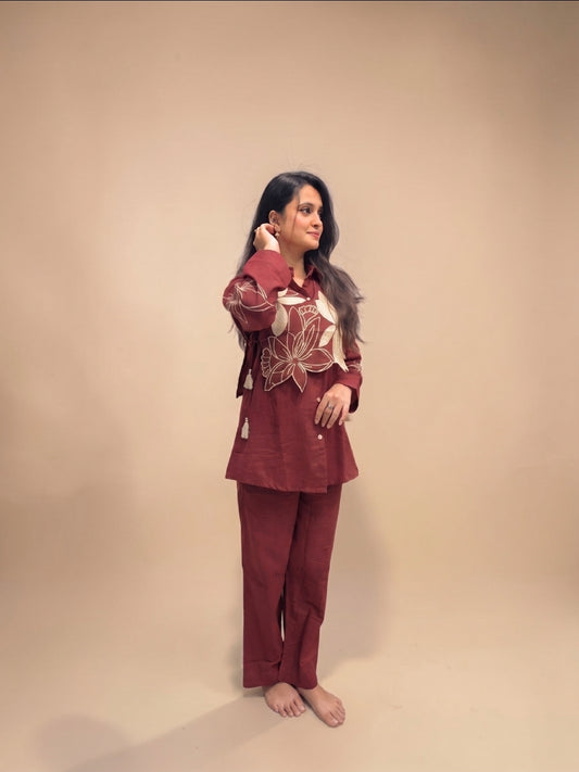 Designer maroon linen co-ord set with floral handwork