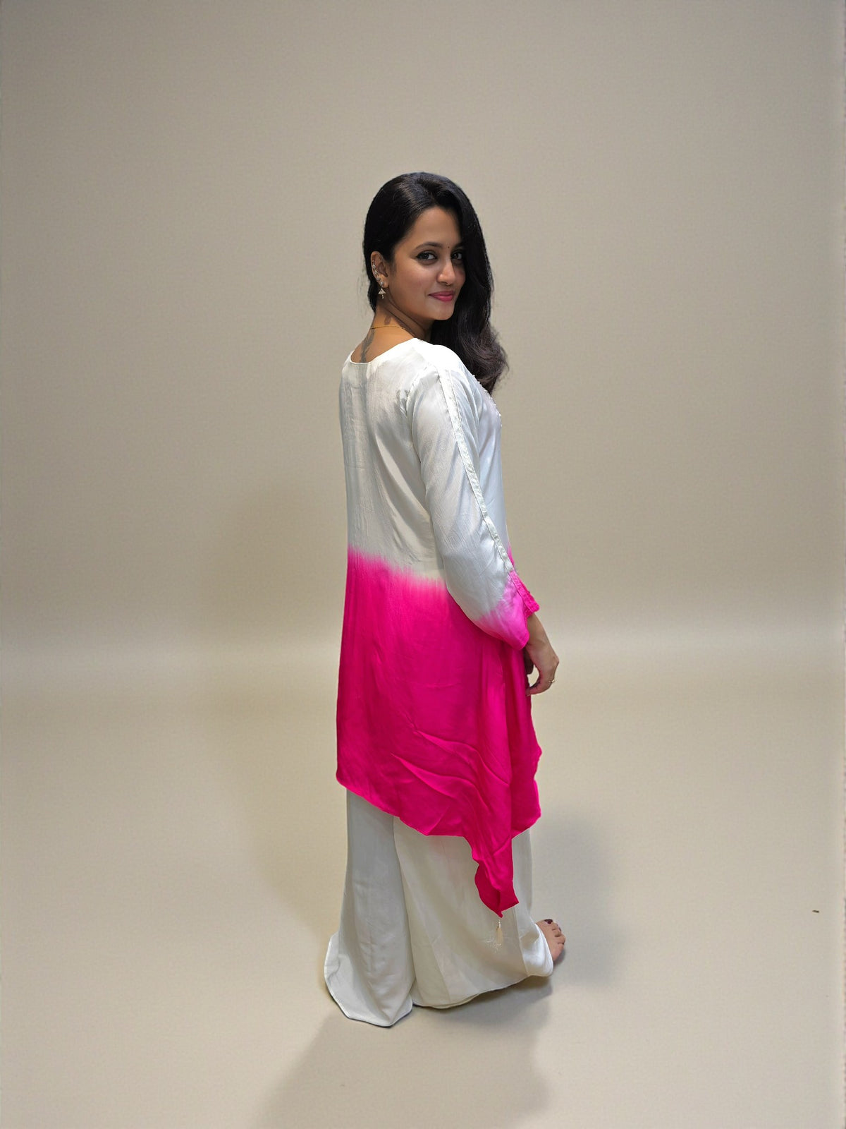 Designer ombre white and pink kurta palazzo co ord set for women