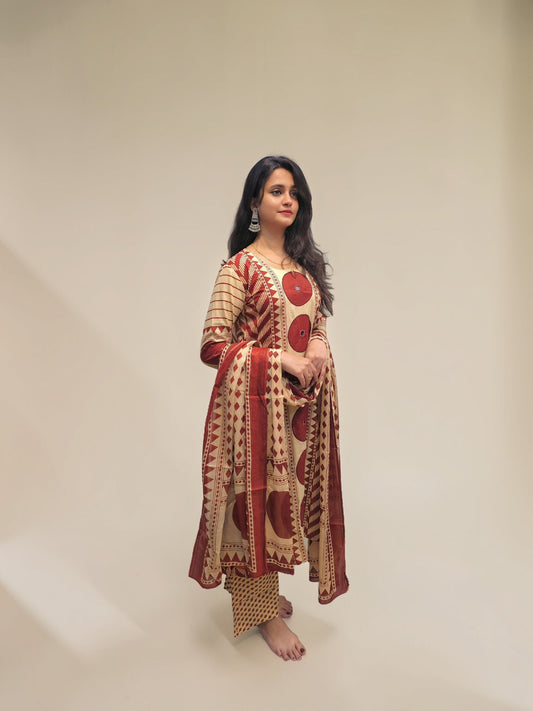 Designer cotton kurta set with ethnic print and mirror detailing