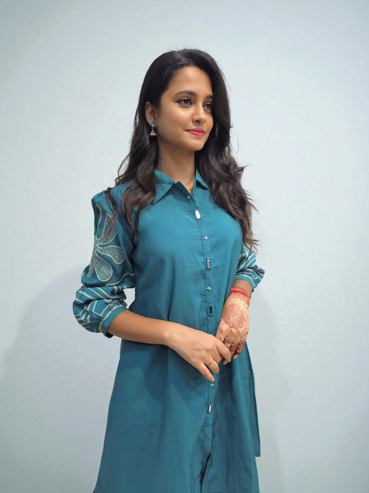 Elegant teal blue co-ord set with subtle embroidery – Ambika Boutique ethnic wear