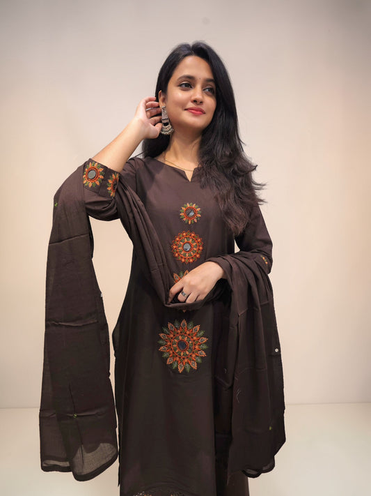 Designer brown cotton kurta set with thread embroidery