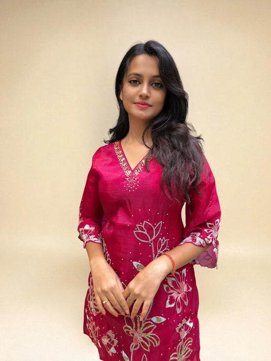 Designer red co-ord set with floral embroidery – Ambika Boutique