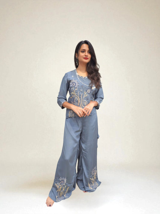 Designer ethnic co-ord set in blue with palazzo pants
