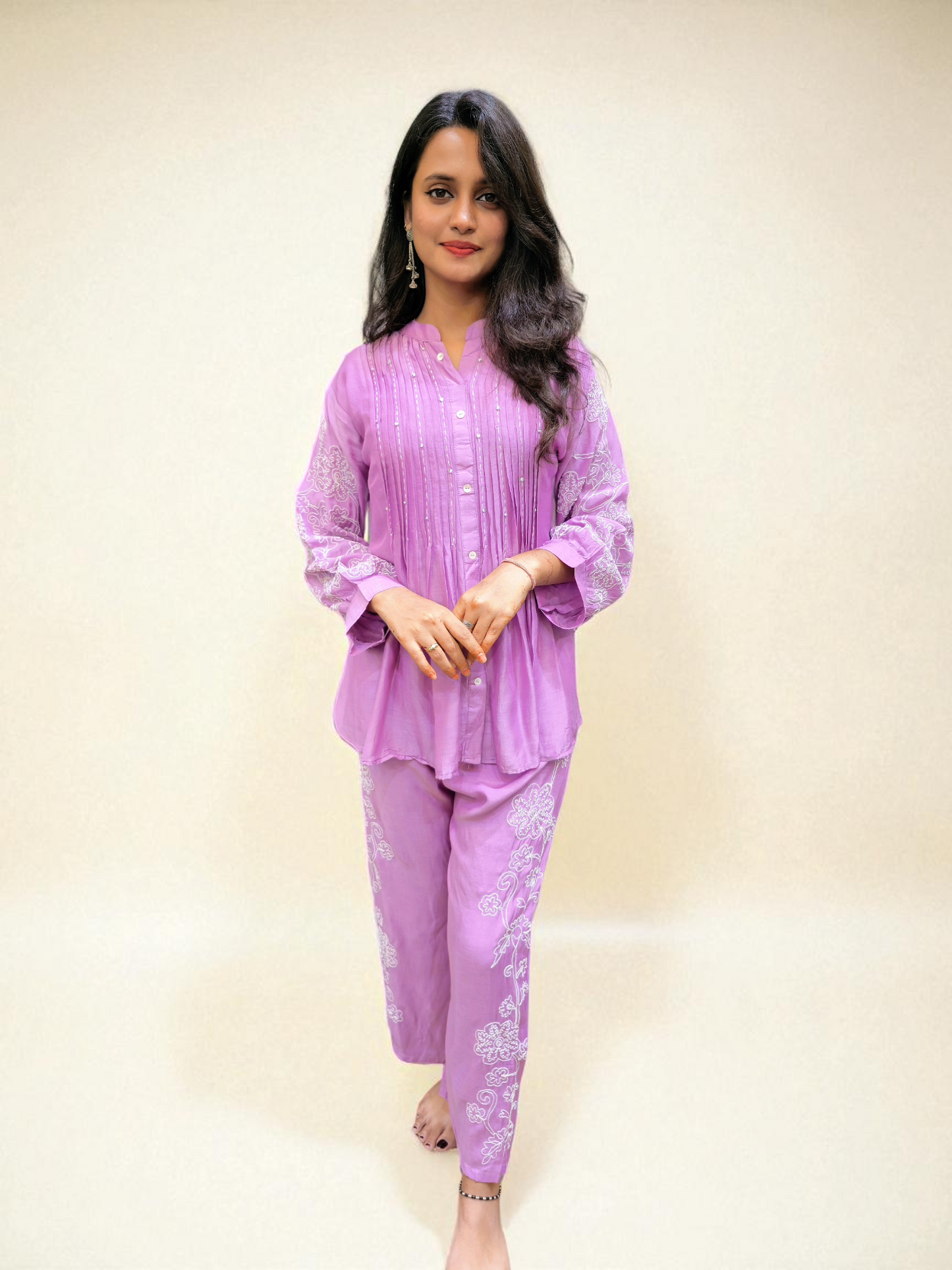 Designer lavender embroidered cord set, two-piece kurta and pant set for women – Ambika Boutique ethnic wear online.