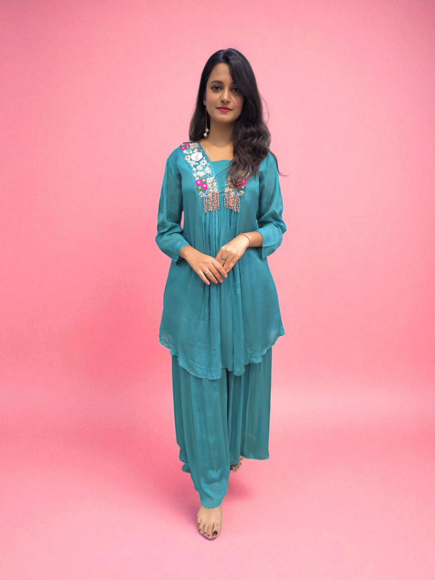 Designer teal kurti set with colorful hand embroidery and palazzo– party wear Indo-Western look for women