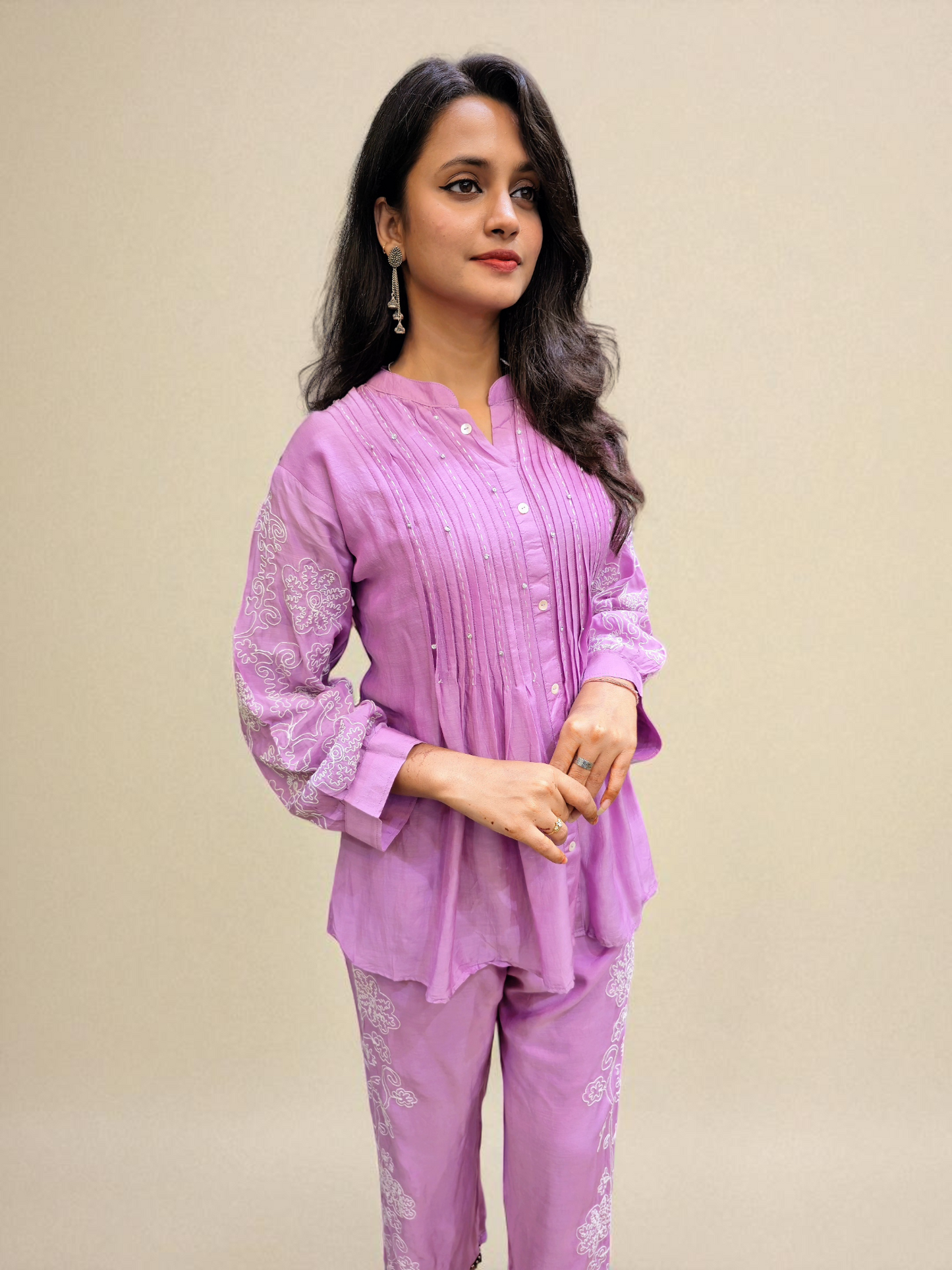 Elegant lavender co-ord set for women in cotton fabric with white embroidery, stylish ethnic wear from Ambika Boutique.
