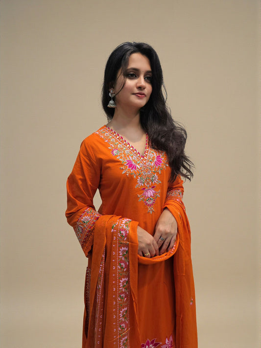 Embroidered fancy cotton kurta set with dupatta in rust orange color