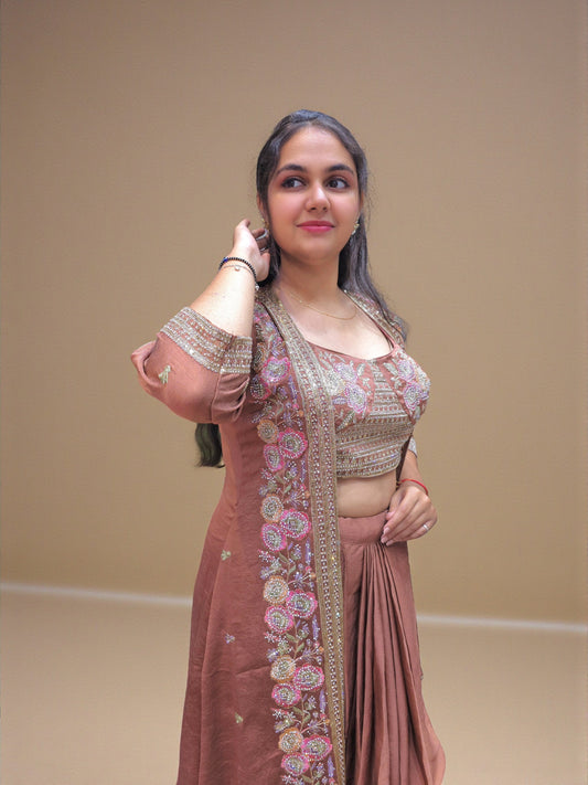 Designer rust indo western dhoti skirt set for women