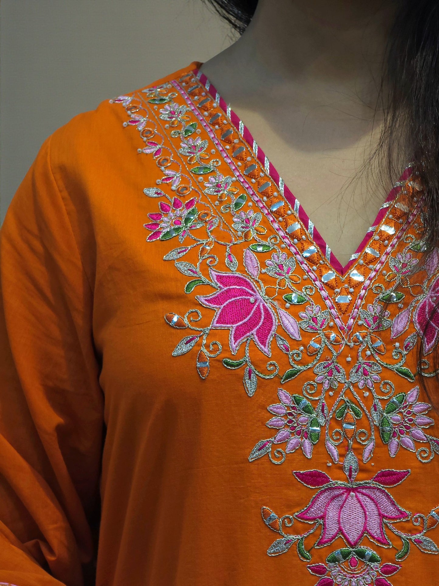 Ethnic fancy cotton kurta set paired with matching rust orange dupatta