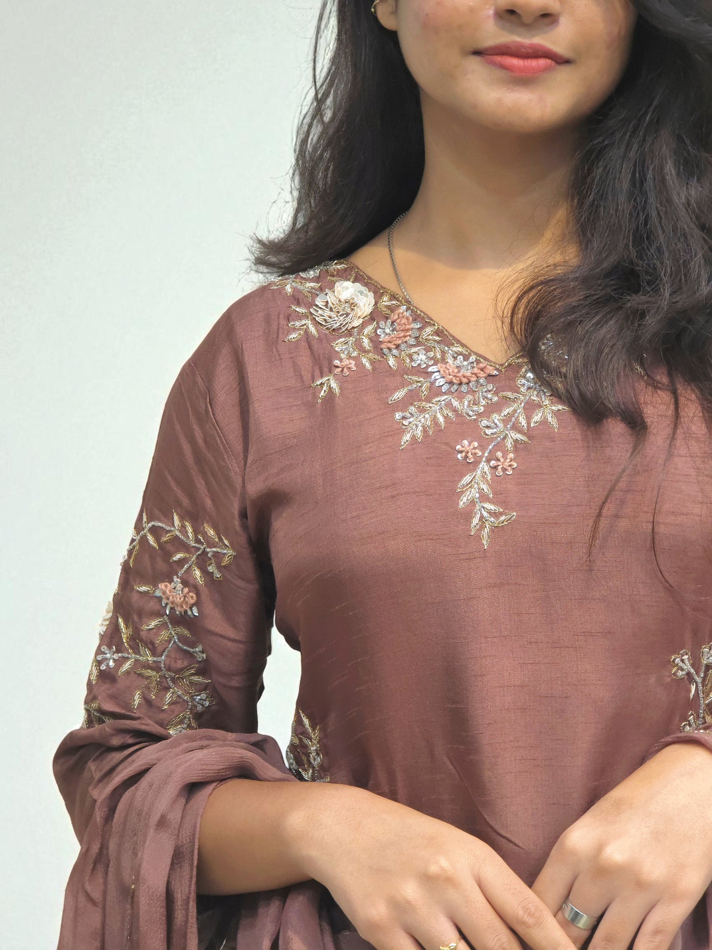 Festive wear brown embroidered kurta palazzo set for women