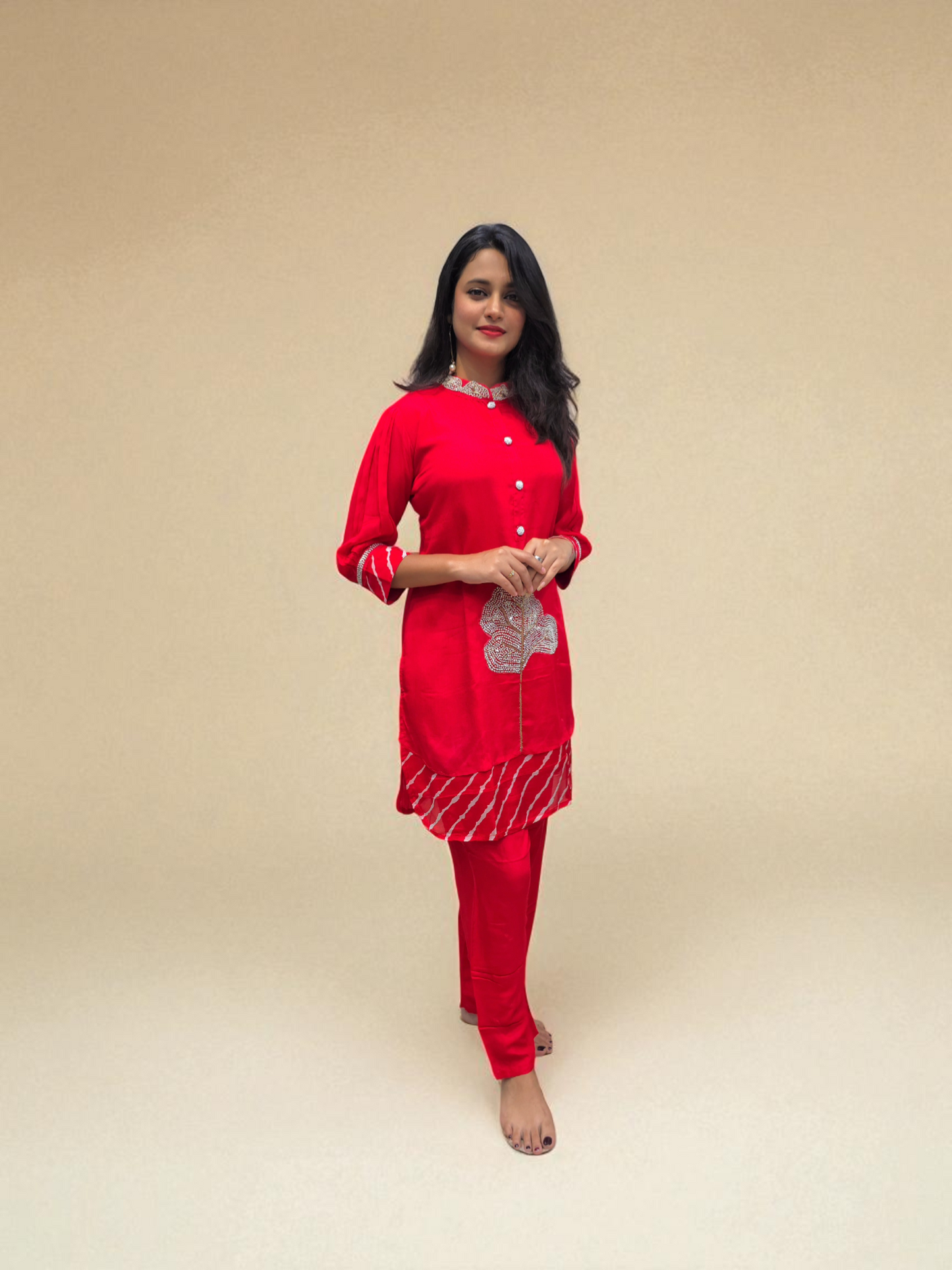 Festive red kurta and pant set with leheriya detailing and hand embroidery – elegant ethnic wear for women