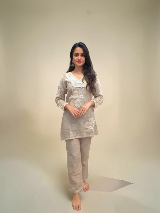 Women's premium jute co-ord set with handcrafted embroidery