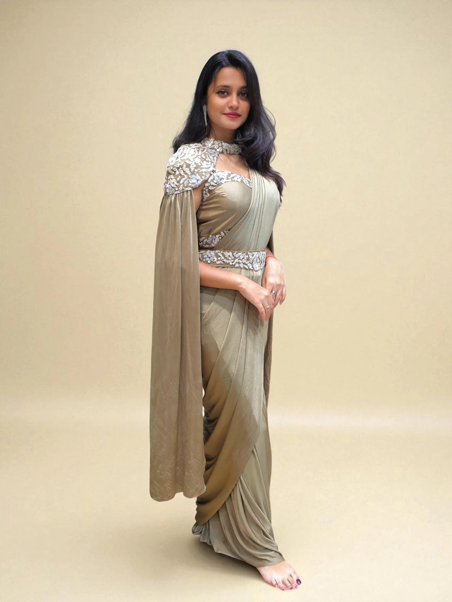 Golden designer golden ready to wear saree with cape sleeves