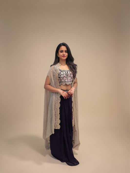 Indo western beige purple crop top dhoti skirt party wear