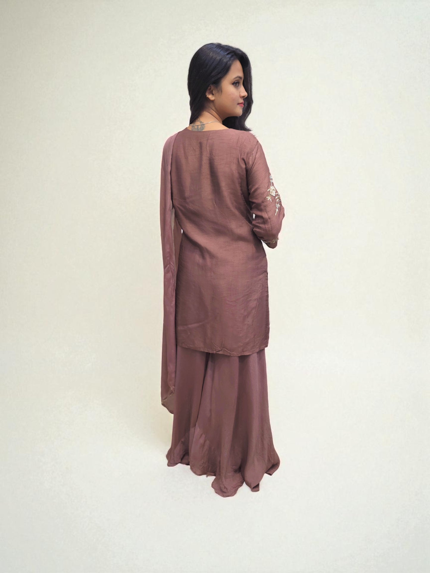 Luxury brown embroidered ethnic set with kurti and dupatta