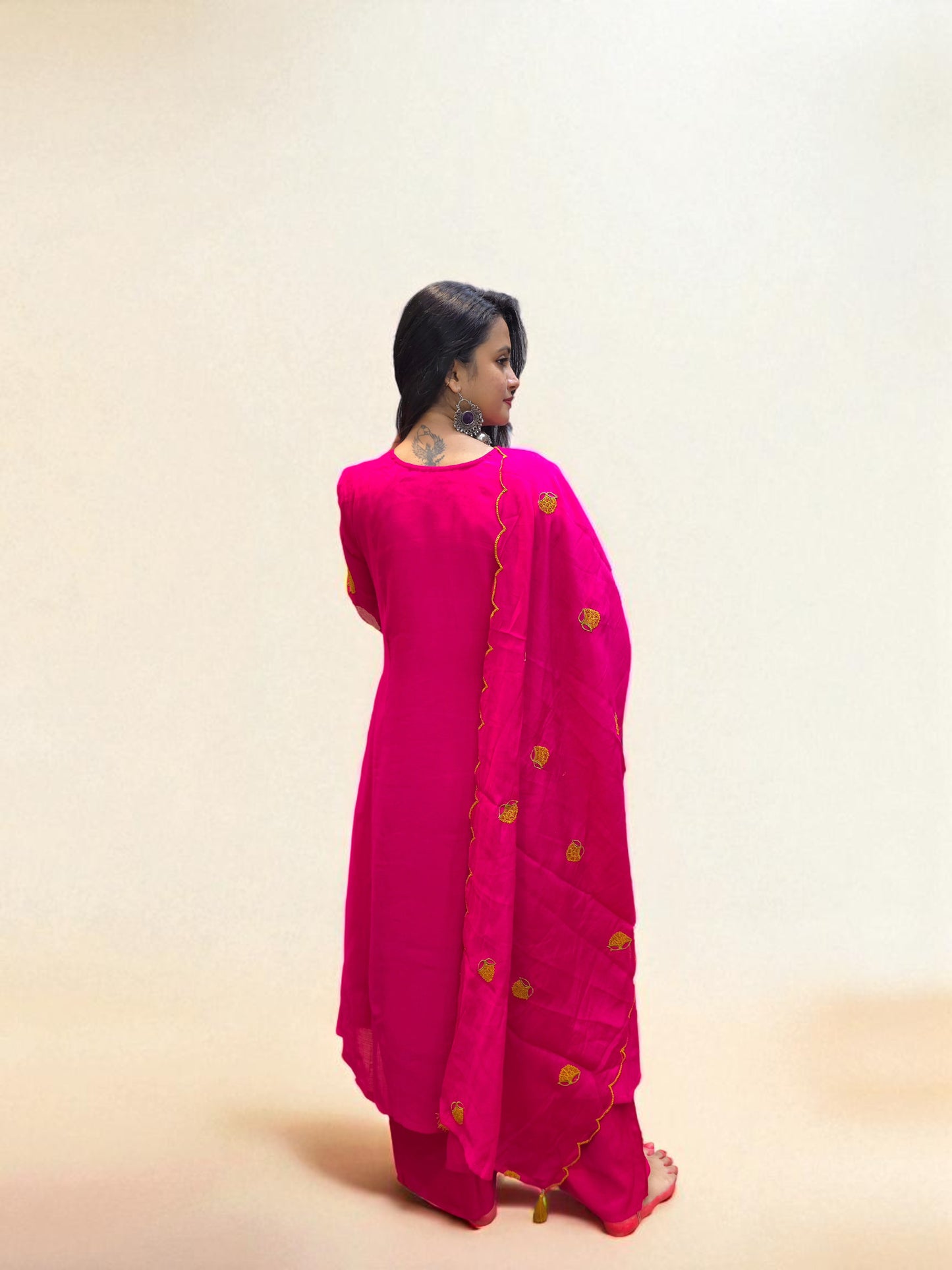 Luxury pink mul chanderi A-line suit set with floral detailing