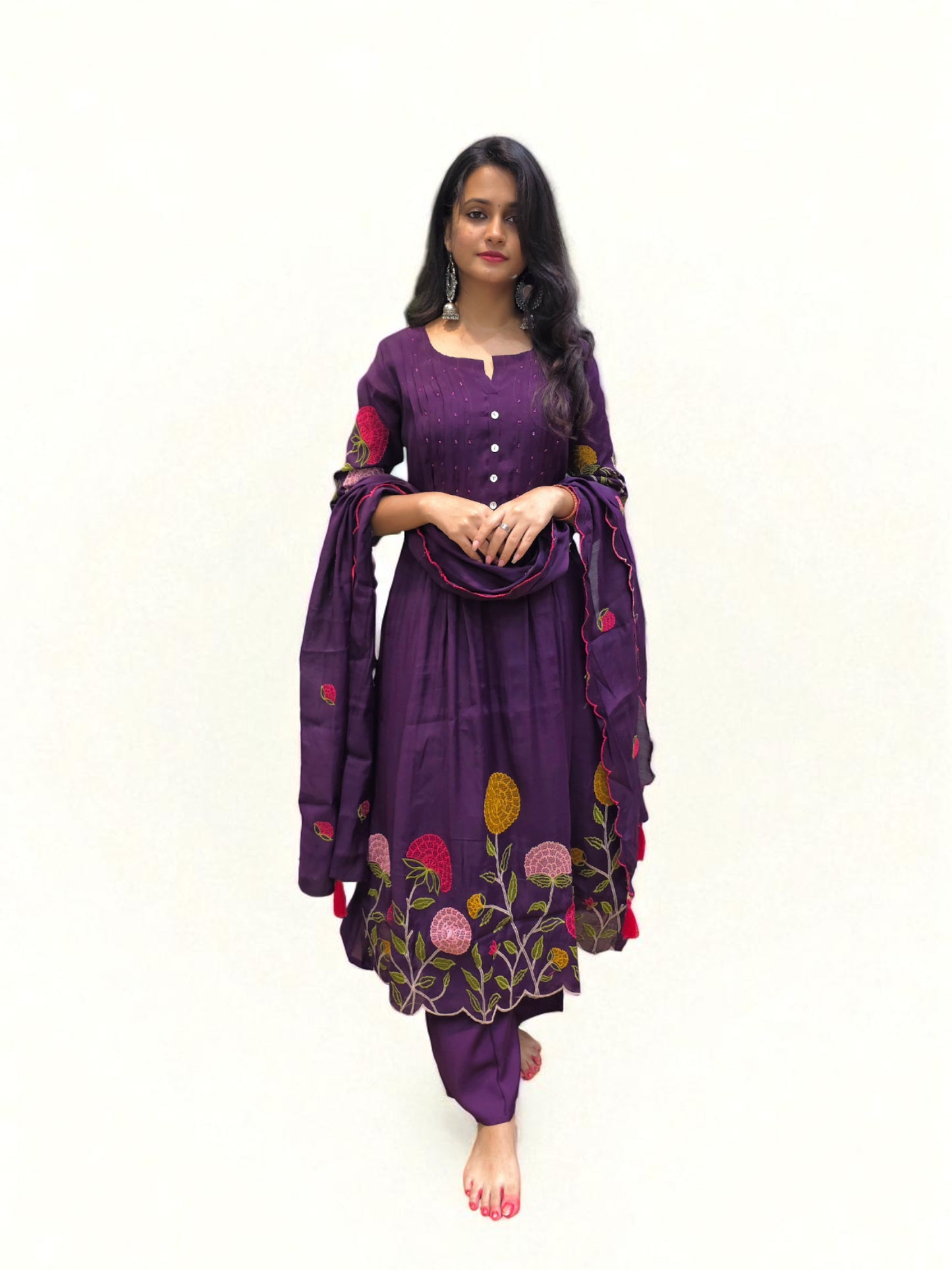 Luxury purple mul chanderi A-line suit set with intricate embroidery
