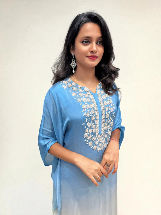 Stylish ombre kaftan dress with floral embroidery detail on neckline