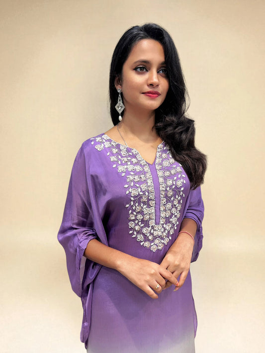 Stylish indo western purple and white ombre kaftan set for women