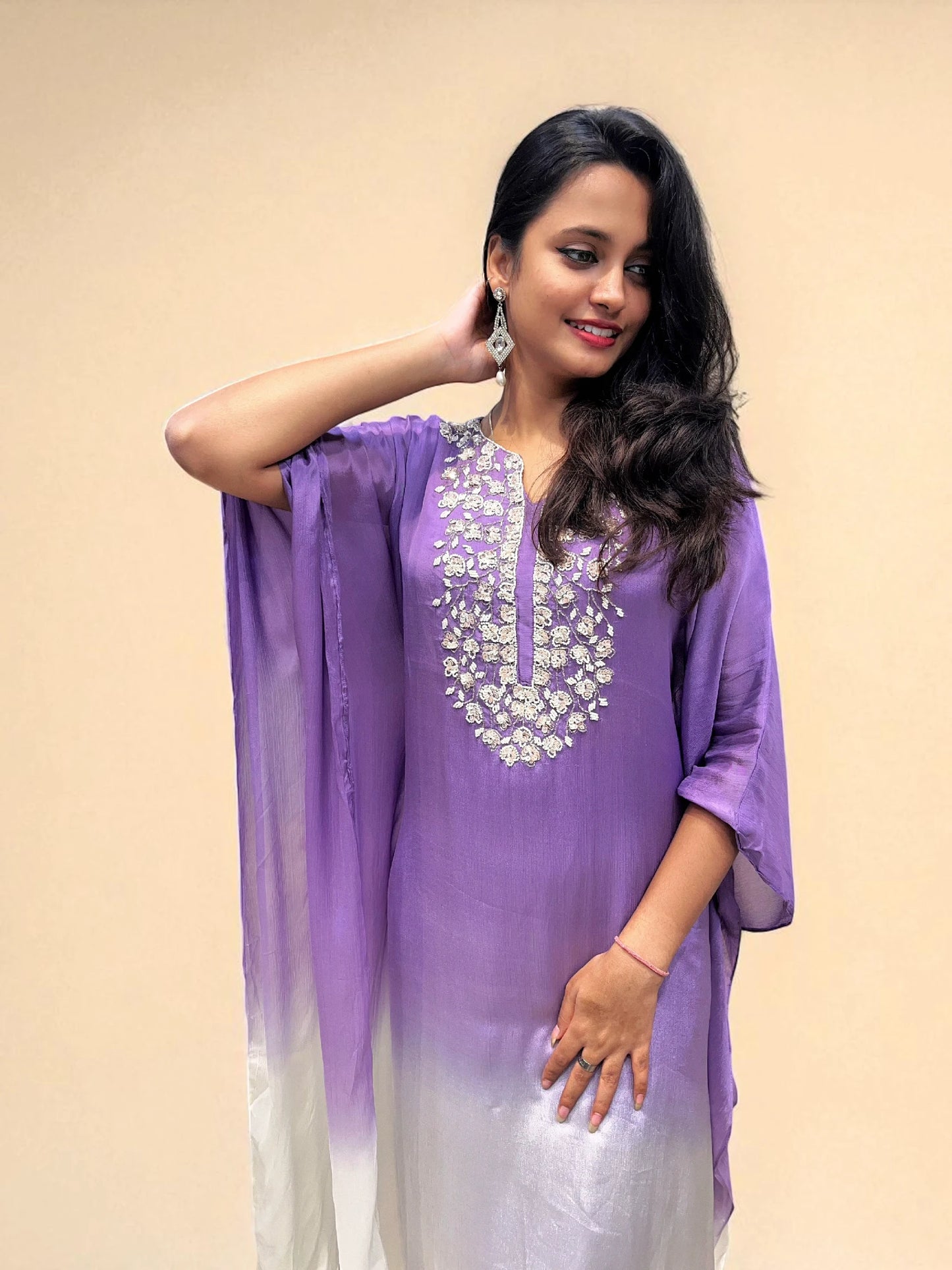 Elegant embroidered purple ombre kaftan dress for festive occasions