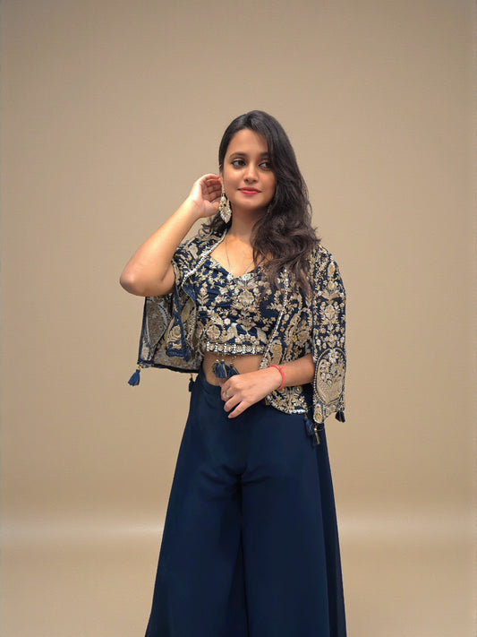 Party wear navy blue crop top palazzo set with jacket shrug