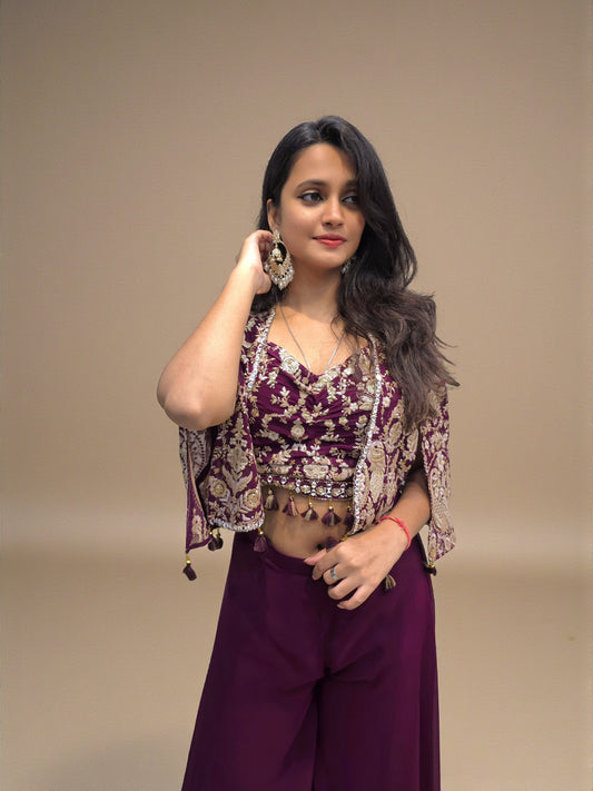 Plum crop top palazzo set for party and festive occasions