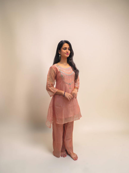 Women's peach embroidered co ord set with wide leg pants