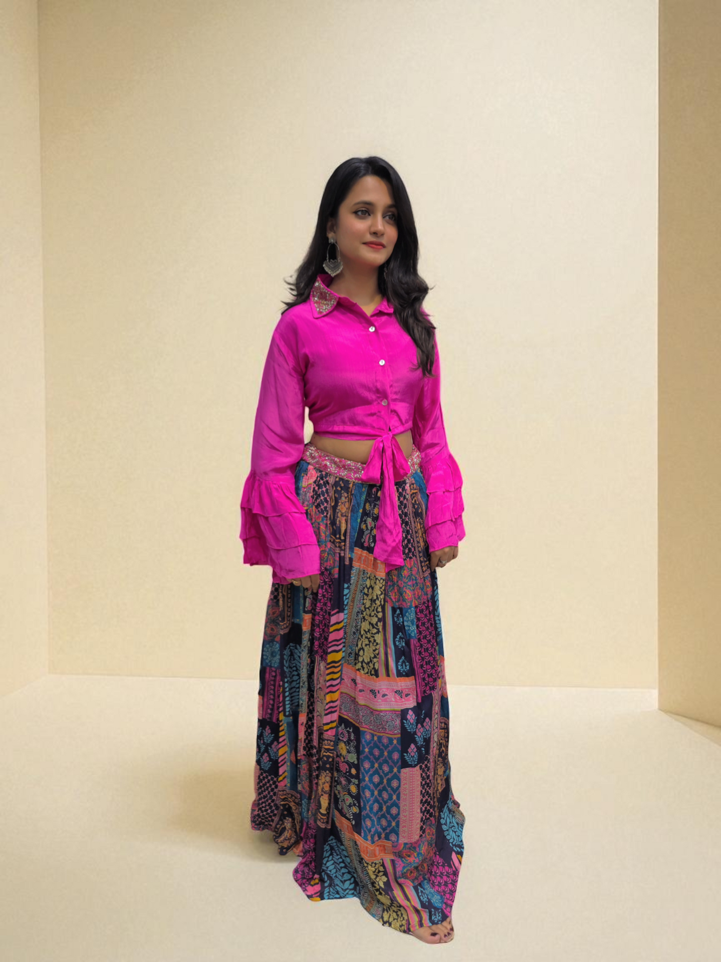 Pink Designer Crop Top with Printed Skirt – Front View – Indo-Western Ethnic Wear | Ambika Boutique