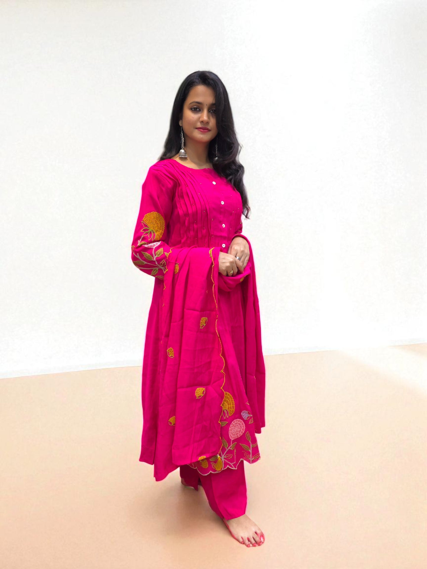 Festive pink embroidered mul chanderi suit set with dupatta