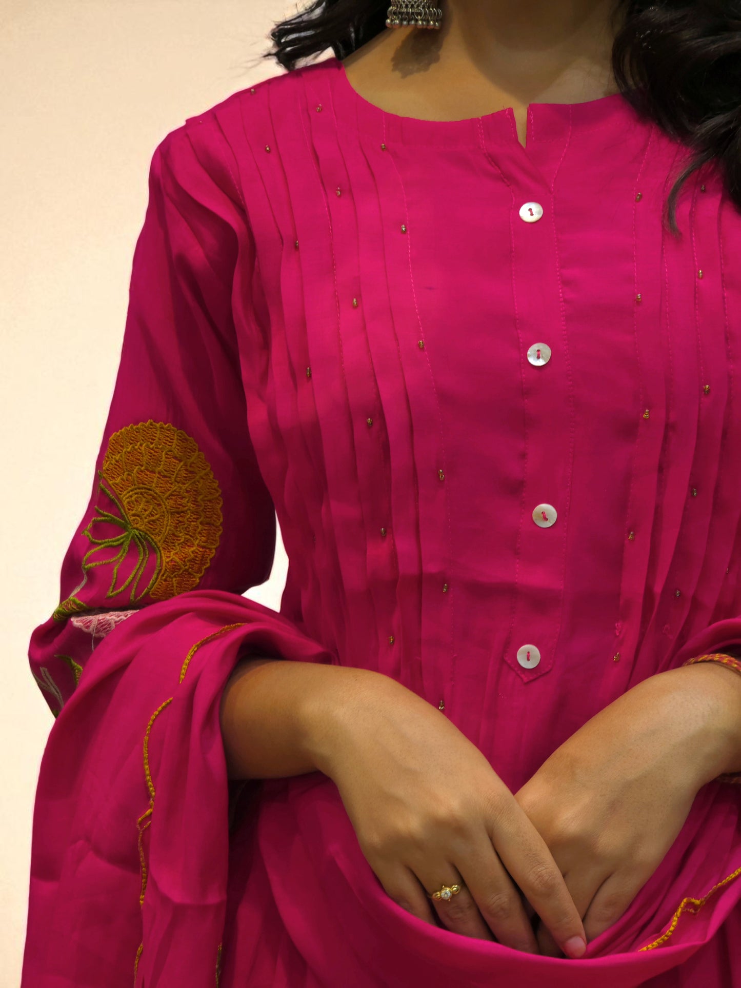 Pure mul chanderi pink A-line embroidered suit set with dupatta
