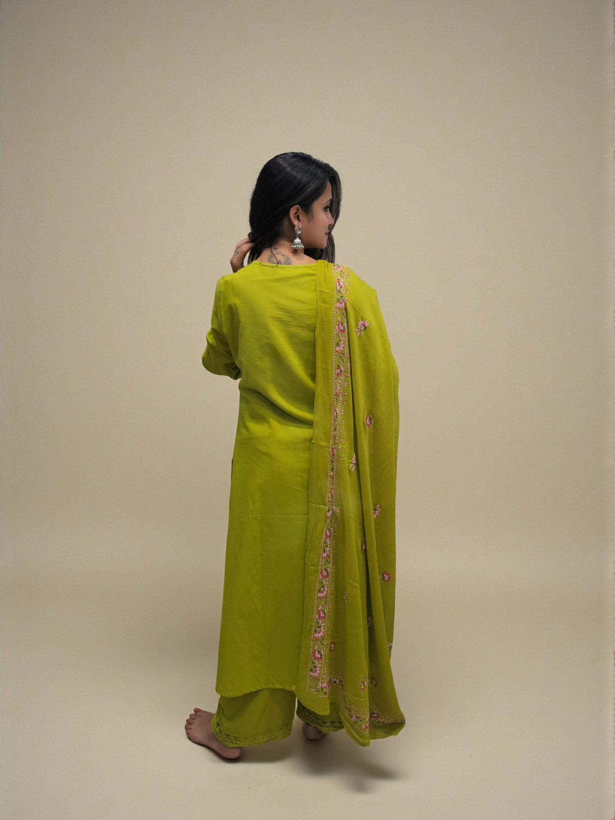 Back view of Printed fancy cotton kurta set paired with soft cotton dupatta