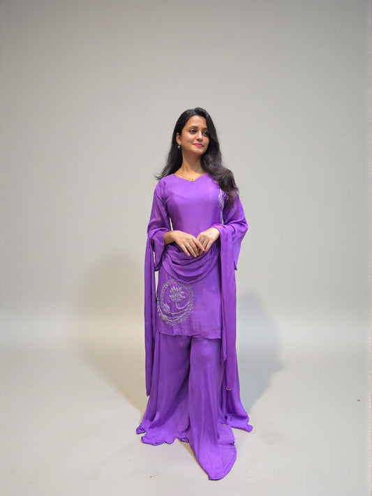 Purple chinnon kurta palazzo set with delicate hand embroidery