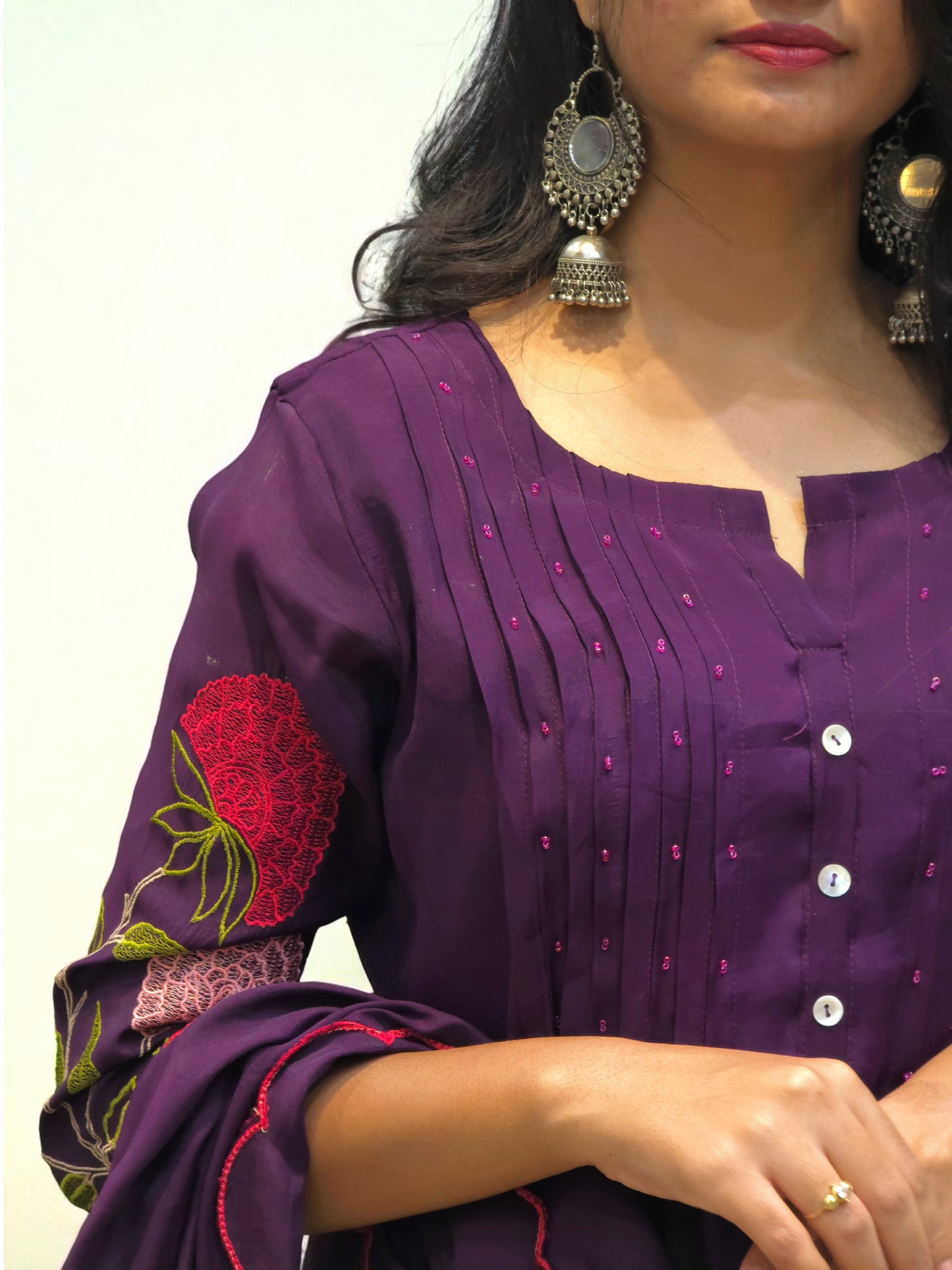 Designer purple mul chanderi suit with floral embroidery and dupatta